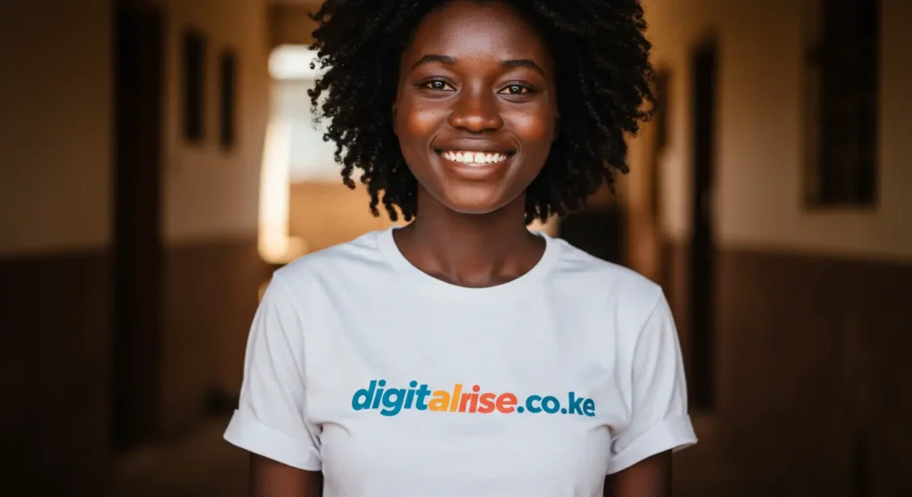 young woman wearing digital rise t-shirt