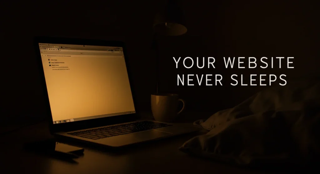 A glowing laptop screen in a dimly lit room — symbolizing business still running even when the world is asleep. Add a soft overlay and text “Your Website Never Sleeps.”