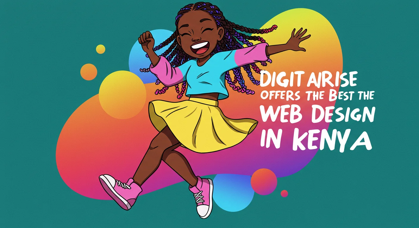 generate an image of black girl cartoon dancing with text DigitalRise offers the Best Web Design in Kenya