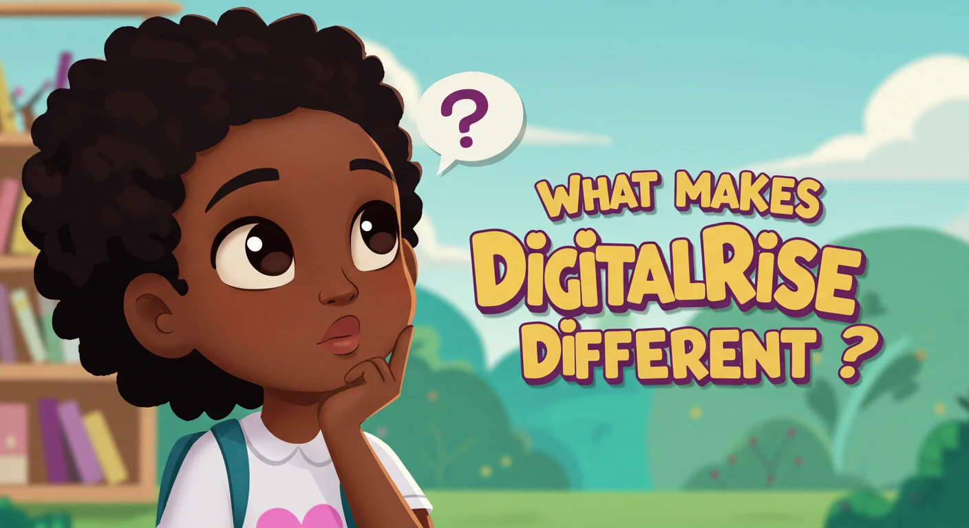 generate an image of black girl cartoon wondering and text What makes DigitalRise different?