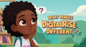 generate an image of black girl cartoon wondering and text What makes DigitalRise different?