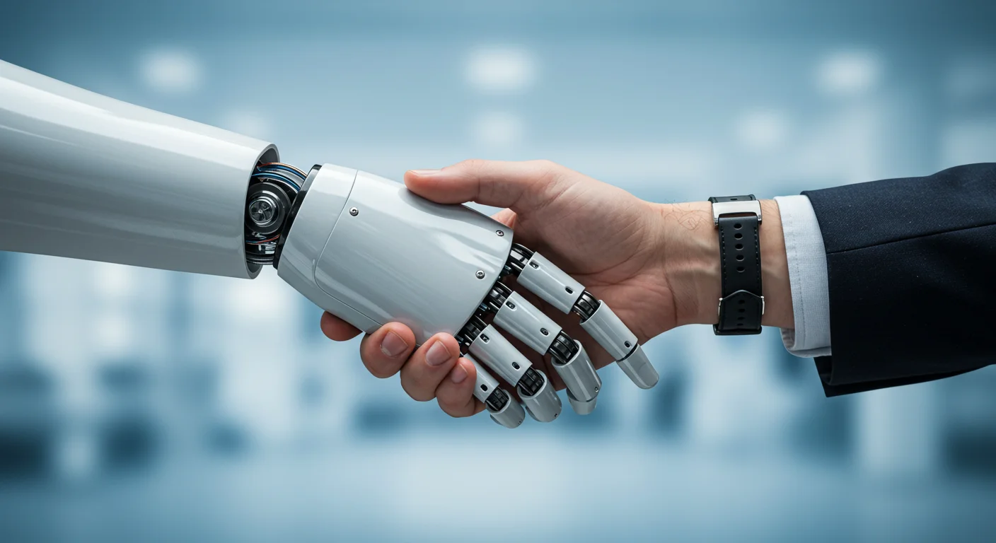 human, robot hand shaking, showing partnership, not competition.